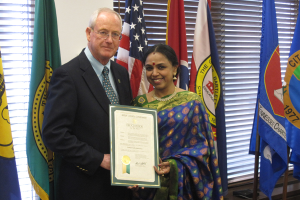 The Honorable Mark H. Luttrell, Jr., Mayor of Shelby County, Tennessee presented a proclamation and citation to Sudha Ragunathan in recognition of her accomplishments in the field of Carnatic music. The Citation was handed over at the Mayor’s Office in Tennessee
